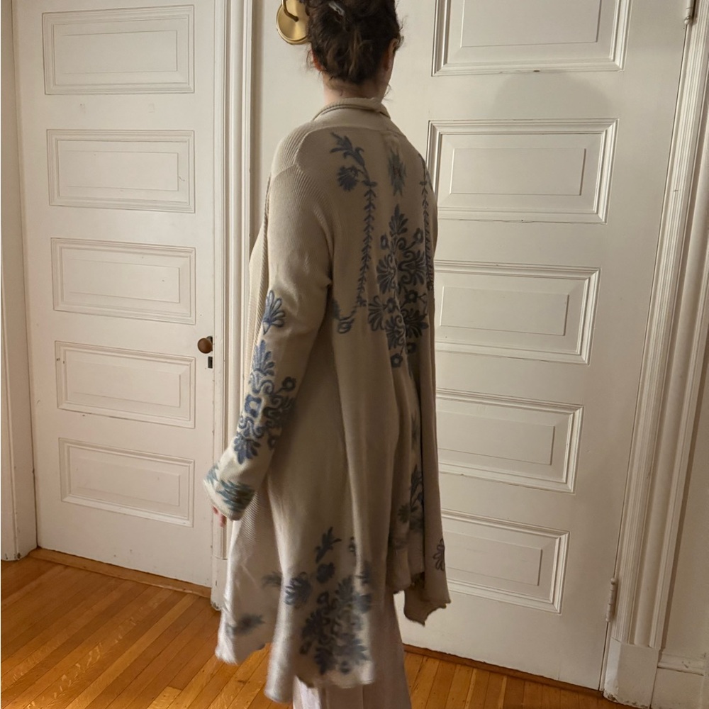 Embroidered beige & blue duster. BIYA for Johnny Was. S women's.Pockets ! - Picture 5 of 12